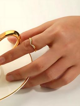 Inaya Accessories - 18Kt Gold Plated Minimal V Shaped Crystal Studded Waterproof Ring, Faye