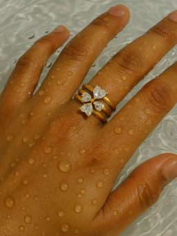 Inaya Accessories - 18Kt Gold Plated Stackable Diamond Heart Lyra Waterproof Rings (Pack Of 3)