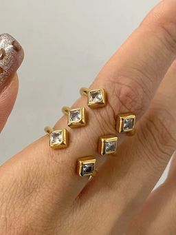 Inaya Accessories - 18Kt Gold Plated Statement 3 Stack Square Stone Waterproof Ring, Paris