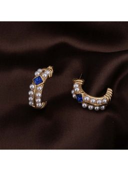 Palmonas - 18K Gold Plated Pearl & Sapphire Gold Hoop Earrings for Womens Waterproof & Anti-Tarnish