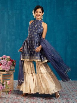 Gajra Gang - Desert Dance Blue Peplum Kurta Sharara & Organza Dupatta GGSKD69 (Set of 3)