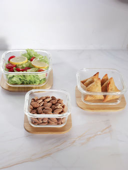 The Better Home - Borosilicate Food Container Square Bamboo Lid Set of 3 (320ml 520ML 800ML)