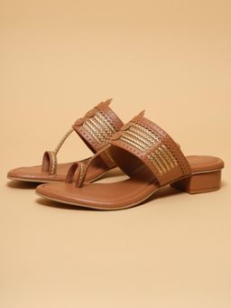 ERIDANI - Womens Vira Tan Kolhapuri Embellished Sandal Heels