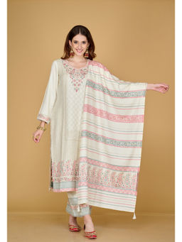 Safaa - Women Acro Wool Woven Unstitched Suit and Dupatta Color Cream (Set of 3)