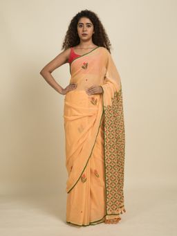 Suta - Peach Floral Block Printed Mul Cotton Saree