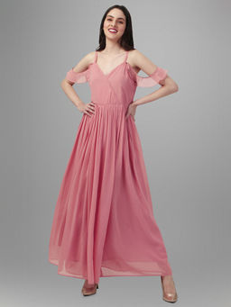 Masakali.Co - Women's Peach Shoulder Straps Solid Maxi Dress