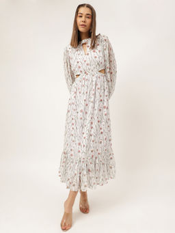 Masakali.Co - Women's Georgete White Floral Printed Fit & Flare Maxi Dress