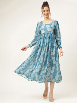 Masakali.Co - Women's Peacock Blue Georgette Fit & Flare Midi Dress