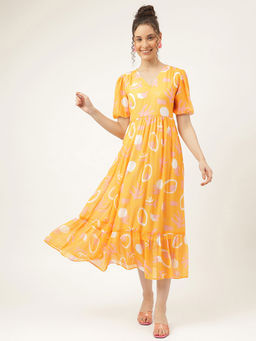 Masakali.Co - Women's V-neck Yellow Georgette Midi Dress