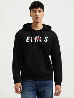United Colors of Benetton - Men Black Typography Pure Cotton Hoodie