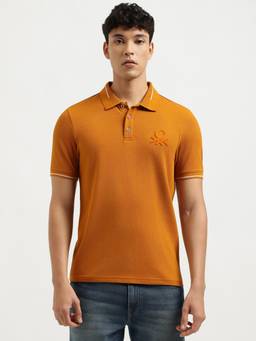 United Colors of Benetton - Men Orange Solid/Plain Cotton Blend Polo T-Shirt