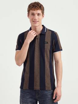 United Colors of Benetton - Men Brown Stripes Polycotton Polo T-Shirt