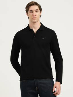 United Colors of Benetton - Men Black Solid/Plain Pure Cotton Polo T-Shirt