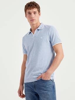 United Colors of Benetton - Men Blue Solid/Plain Cotton Blend Polo T-Shirt