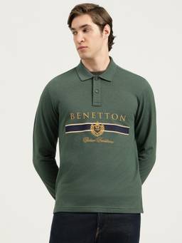 United Colors of Benetton - Men Khaki Typography Cotton Polo T-Shirt
