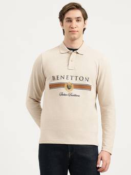 United Colors of Benetton - Men Beige Typography Cotton Polo T-Shirt