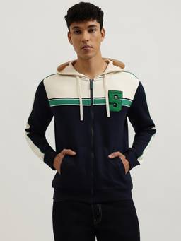 United Colors of Benetton - Men Navy Blue Colorblock Cotton Blend Jacket