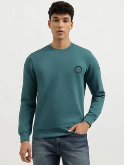 United Colors of Benetton - Men Teal Solid/Plain Cotton Blend Sweatshirt