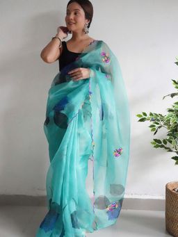 Odette - Aqua Blue Printed Organza Saree with Unstitched Blouse