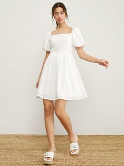 Pomelo - Puffed Sleeve Mini Dress - White