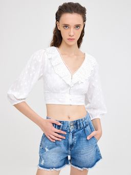Cover Story - White Ruffle Neck Crop Top