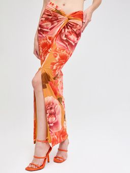 Cover Story - Orange Floral Print High Slit Maxi Skirt