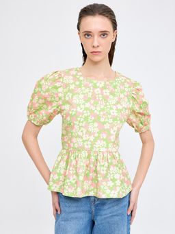 Cover Story - Green Floral Print Peplum Top
