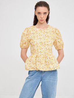 Cover Story - Yellow Floral Print Peplum Top