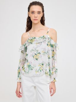 Cover Story - White Lemon Print Cold Shoulder Top