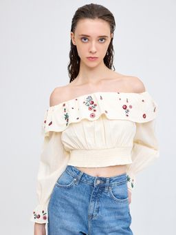 Cover Story - White Smocked Bardot Crop Top