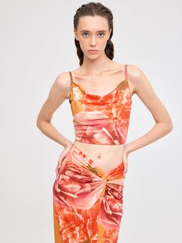 Cover Story - Orange Floral Printed Mesh Crop Top