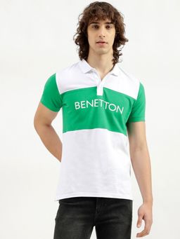 United Colors of Benetton - White and Green Colorblock Pattern Polo T-Shirt