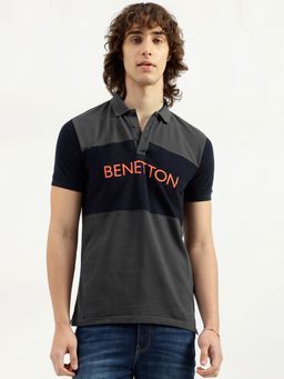 United Colors of Benetton - Grey and Black Colorblock Pattern Polo T-Shirt
