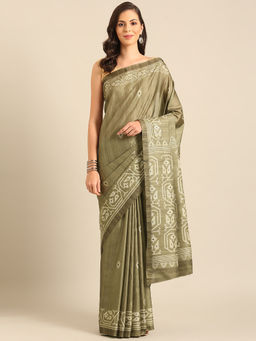 Sangam Prints - Olive Green Cotton Digital Print Casual Wear Saree with Unstitched Blouse