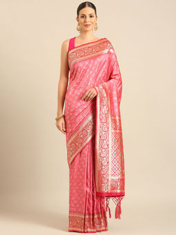 Sangam Prints - Light Pink Banarasi Silk Woven Work Traditional Tassels Saree with Unstitched Blouse