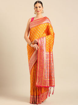Sangam Prints - Mustard Banarasi Silk Woven Work Traditional Tassels Saree with Unstitched Blouse