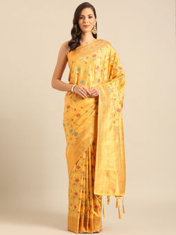 Sangam Prints - Mustard Banarasi Silk Woven Work Traditional Tassels Saree with Unstitched Blouse