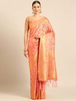 Sangam Prints - Pink Banarasi Silk Woven Work Traditional Tassels Saree with Unstitched Blouse