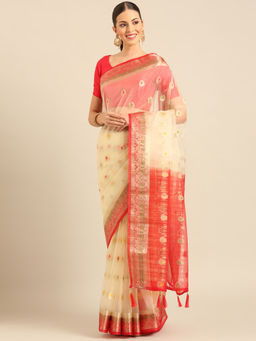 Sangam Prints - Cream Organza Woven Work Party Wear Tassels Saree with Unstitched Blouse
