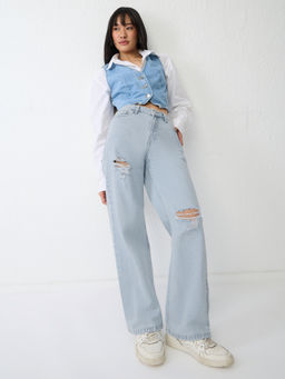 The Souled Store - Distressed Denim: Polar Ice Blue Wide Leg Jeans