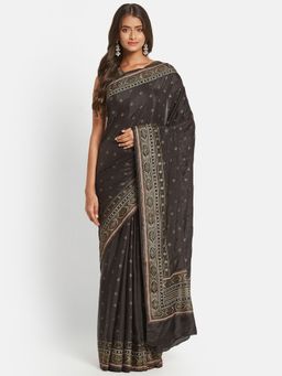 Fabindia - Black Viscose Blend Chota Butta Hand Block Printed Saree without Blouse