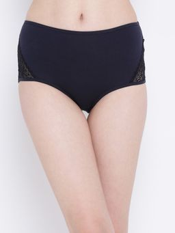 Clovia - High Waist Hipster Panty with Lace Inserts In Navy Cotton & Blue