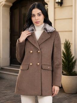 Okane - Women's Faux-Fur Collar Woolen Double-Breasted Coat