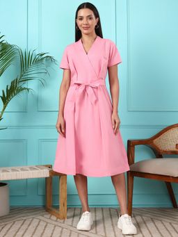 BRINNS - Women Pink Cotton V-Neck Knee Length Dress