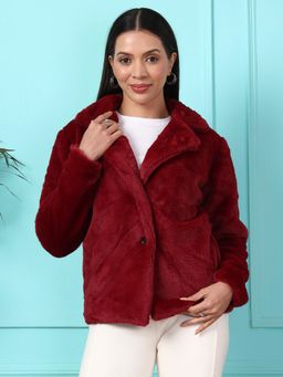 BRINNS - Women Notched Lapel Collared Maroon Coat