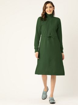 BRINNS - Women Green Fleece High Neck Midi Dress