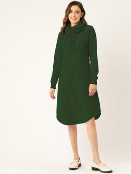 BRINNS - Women Green Fleece Cowl Neck Midi Dress