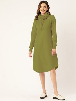 BRINNS - Women Olive Fleece Cowl Neck Midi Dress