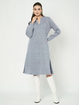 BRINNS - Women Grey Fleece Round Neck Midi Dress
