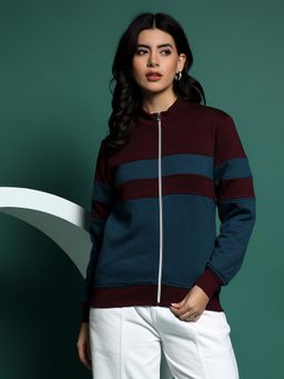BRINNS - Women Mandarin Collar Colourblocked Burgundy Jacket
